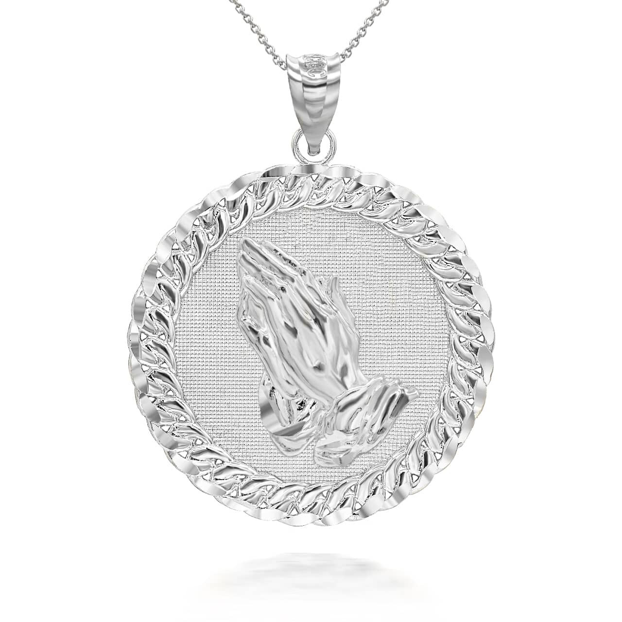 925 Sterling Silver Cuban Framed Praying Hands Medallion Circle Pendant Necklace