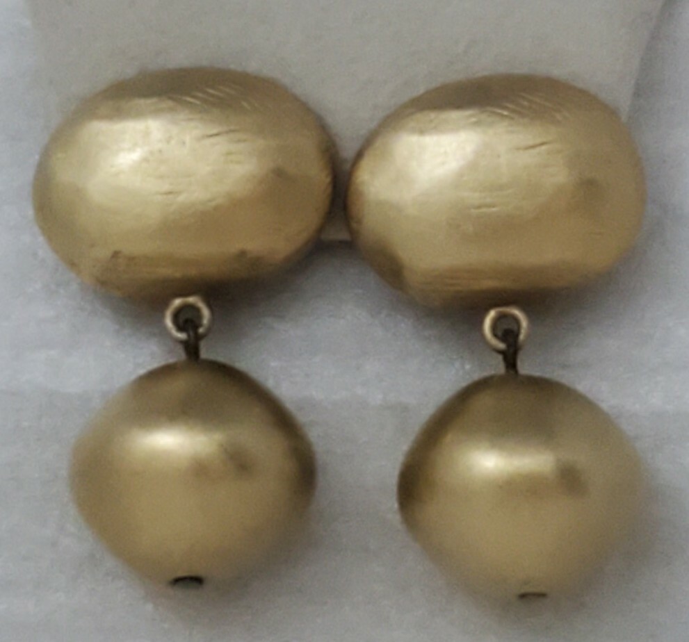 Vintage Donna Karan DKNY Signed Brush Matte Gold Tone Dangle Ball Clip Earrings