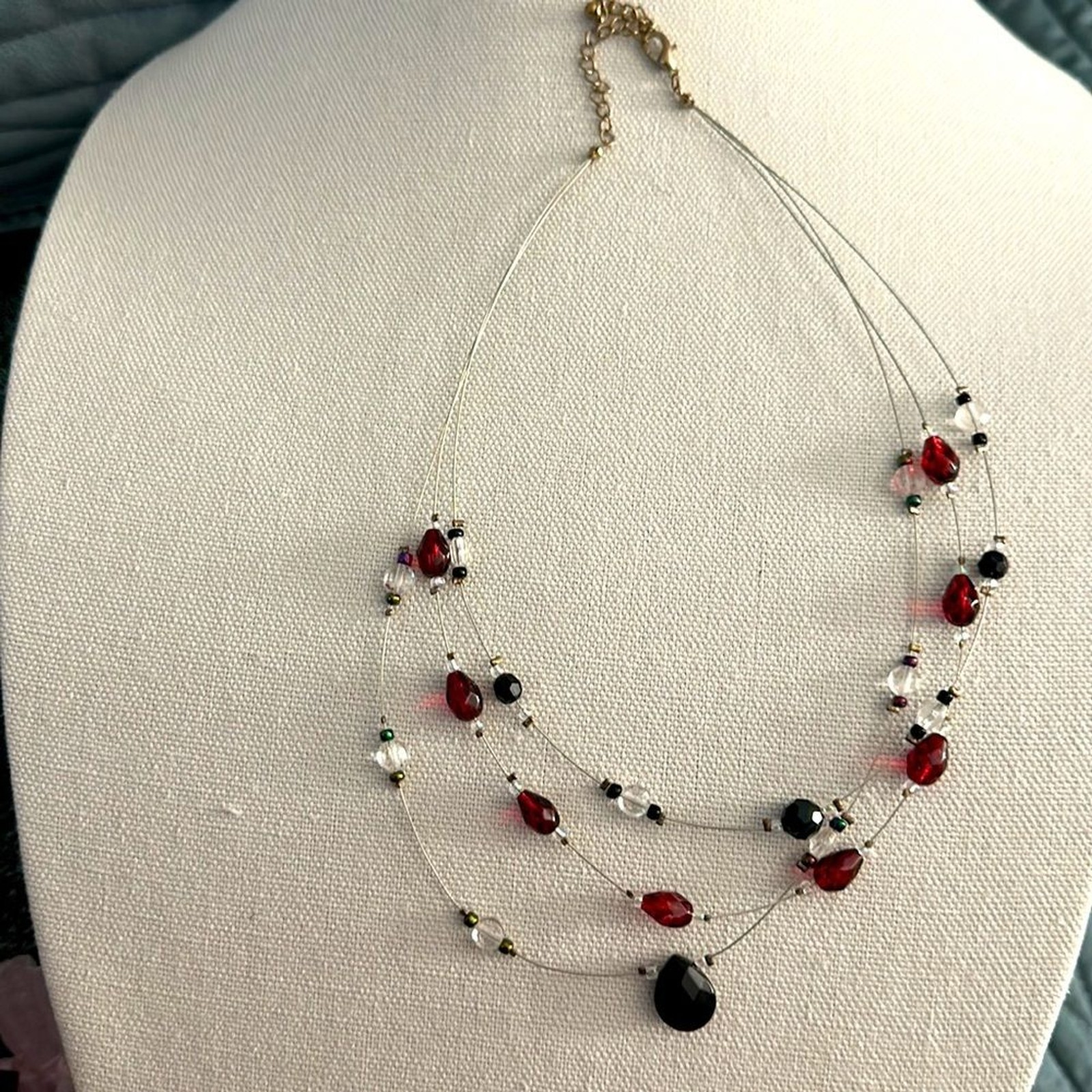 Women 19 inches long Necklace with black and burgundy and crystal clear stones