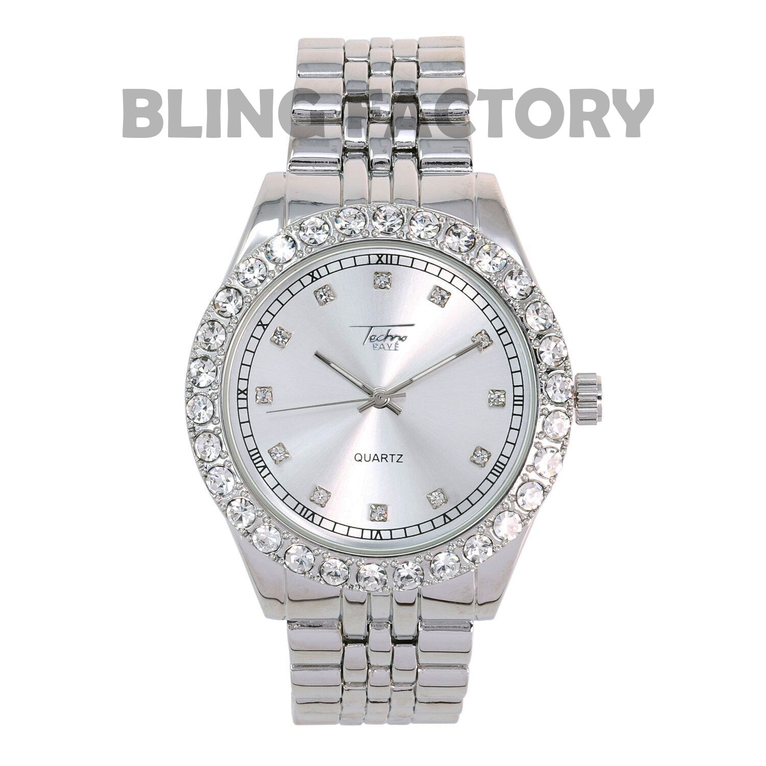 Luxury Hip Hop Lab Diamond Silver PT Bling Iced Metal Band Wrist Fashion Watch