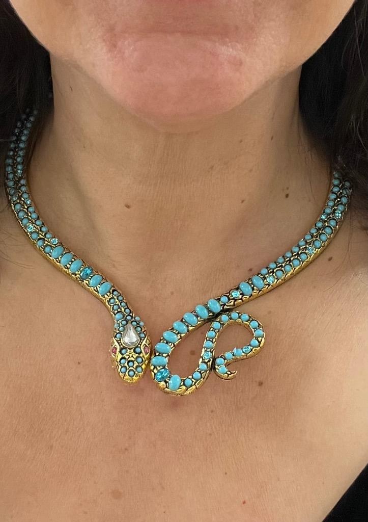 Blue Topaz Turquoise Rhinestone Snake Necklace Wrap Victorian Egyptian Rev. Faux