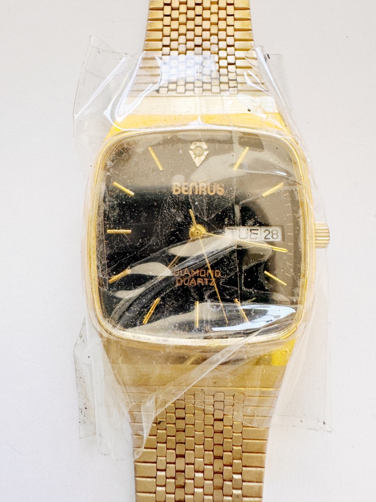 Vintage Benrus Diamond Quartz Watch 30mm Gold Tone Bracelet AS-IS Repair