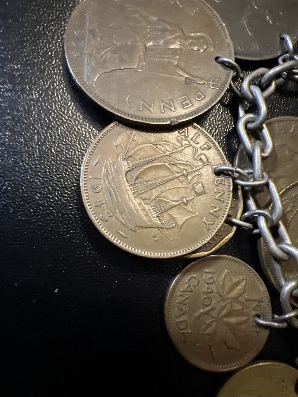Vintage 835 Continental Silver Coin Charm Bracelet Travel World Coins European