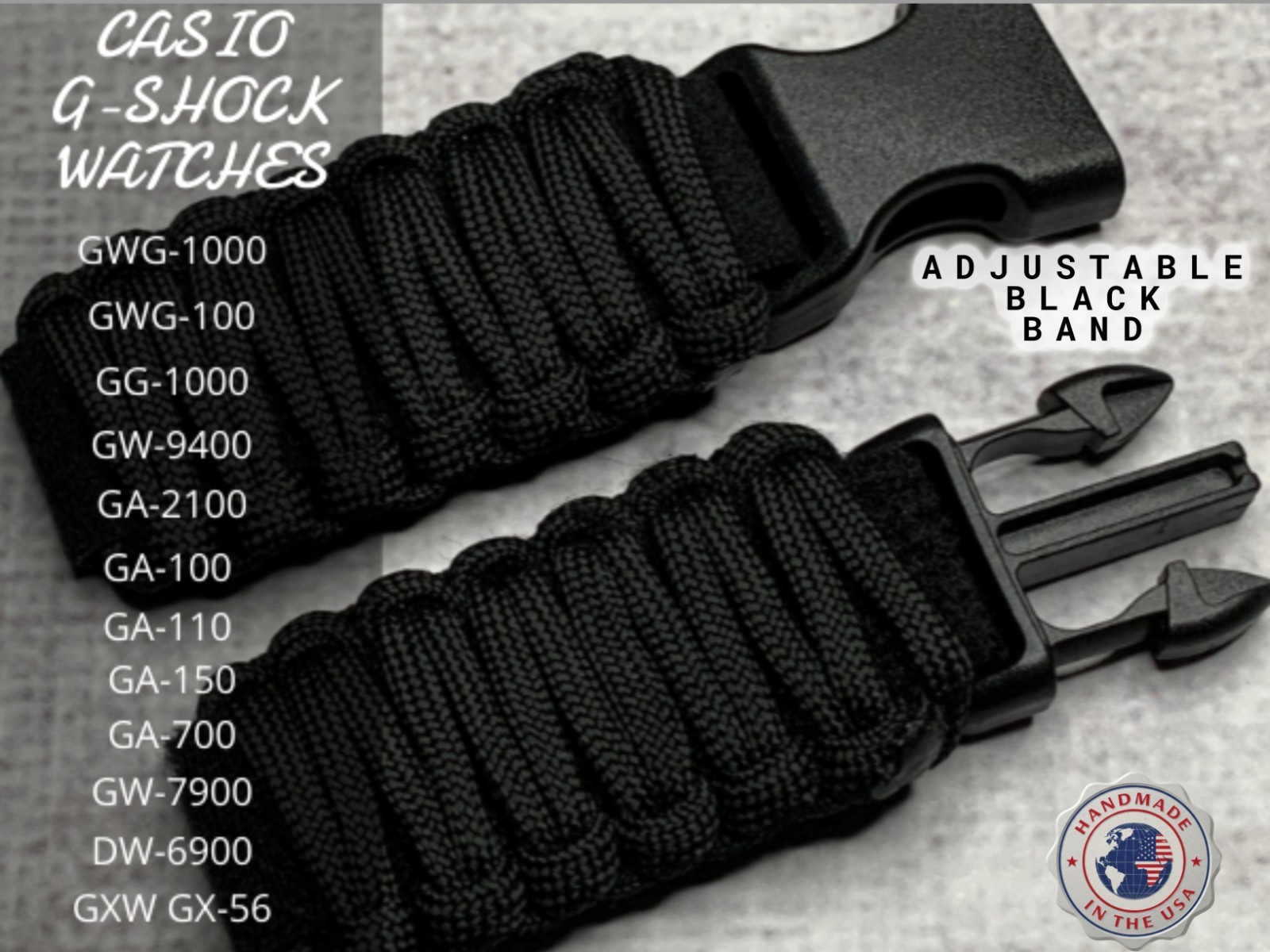 Casio G-Shock Watches Replacement Adjustable Paracord Watch Straps COLOR BLACK