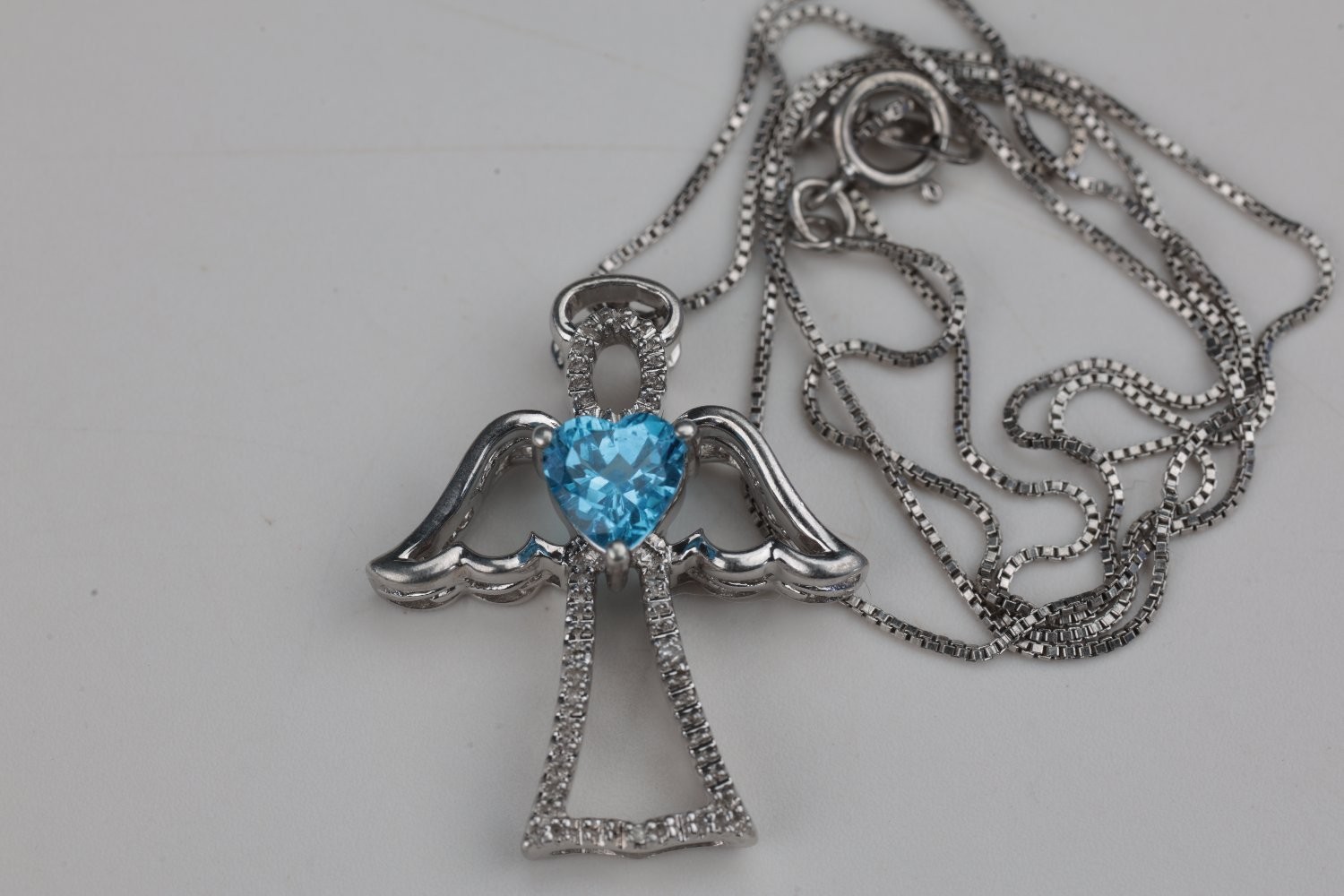 Jwb Sterling Silver 925 Angel Cross Necklace Heart Blue Topaz CZ 18″ Box Chain
