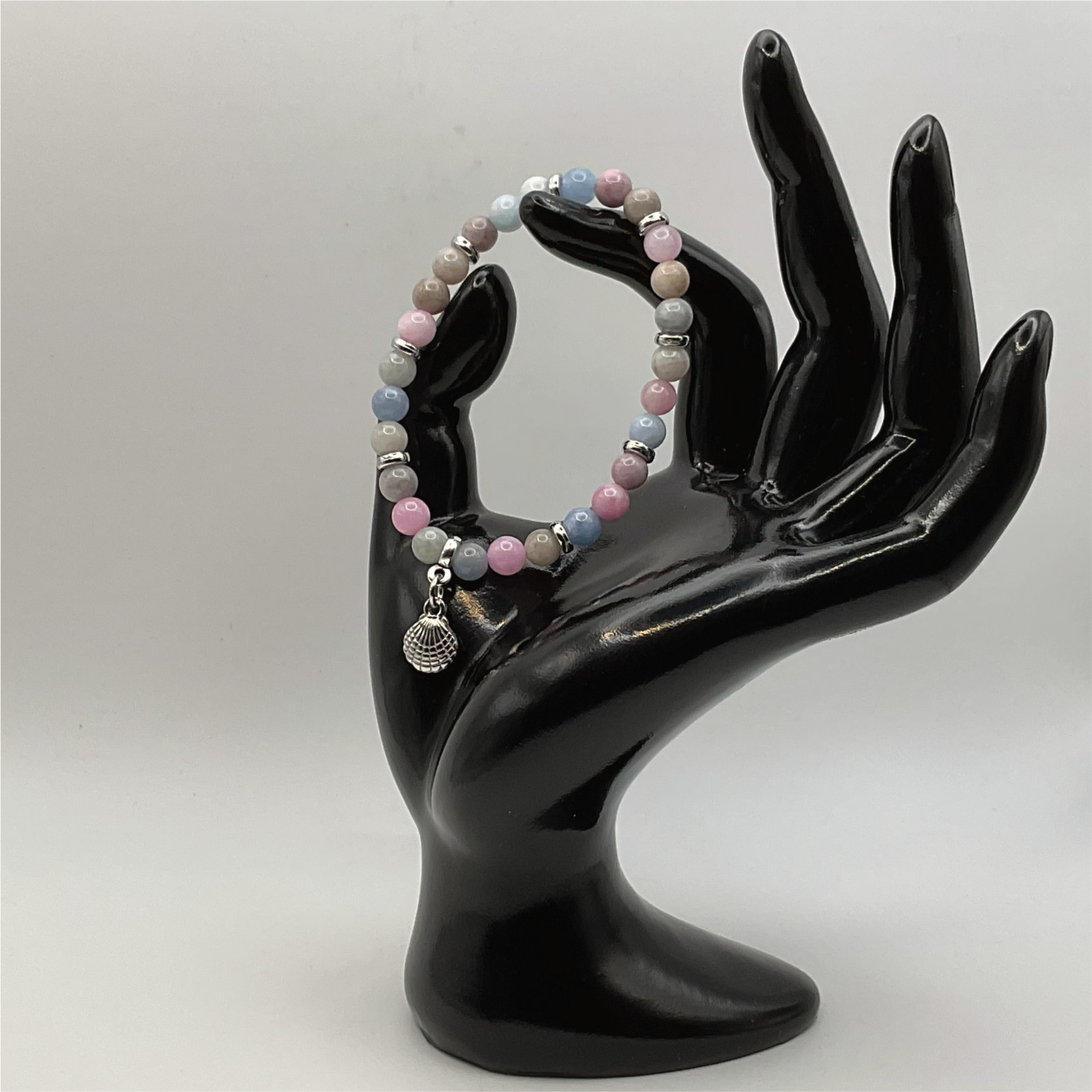 Handcrafted Unique Bracelet — 16 cm (6.3″) Blue Grey Pink Opal Shell Charm