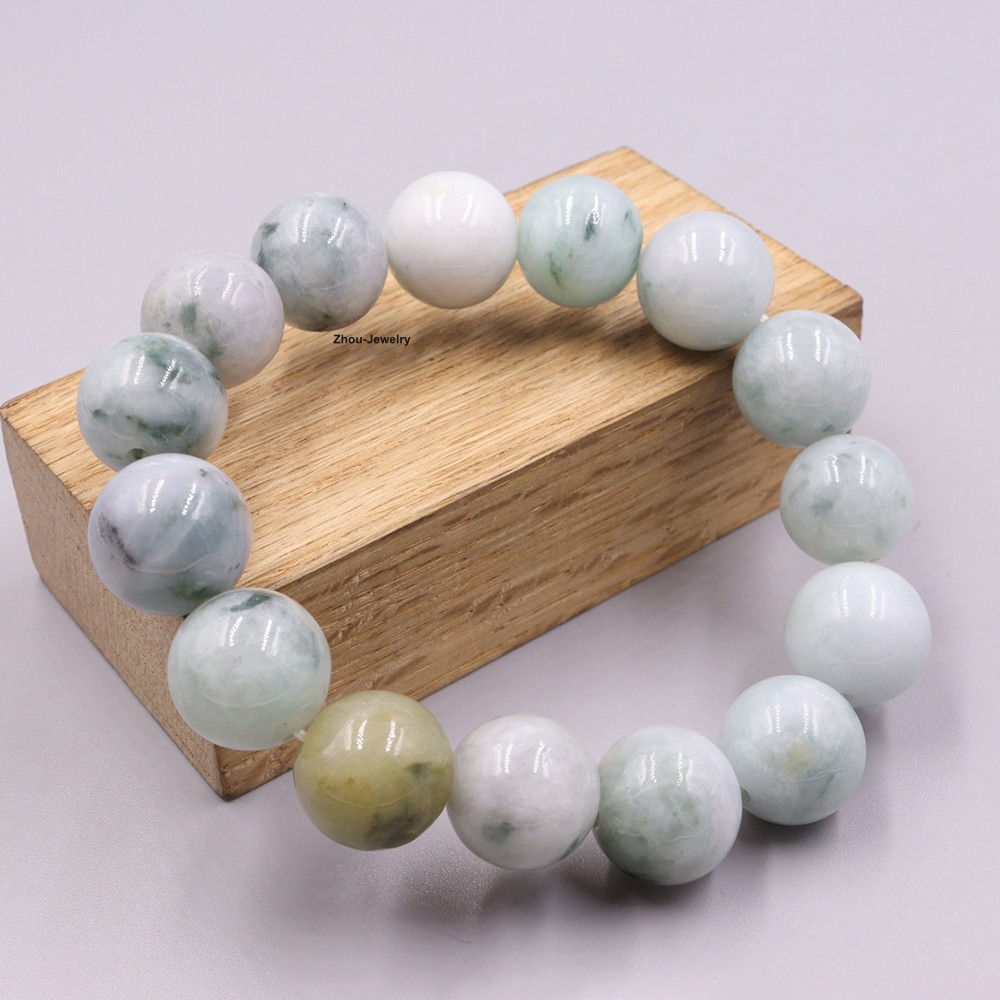 NEW 13mm Natural Grade A Jade Spotted Bead Elastic Bracelet Fit 6.7inch Wrist