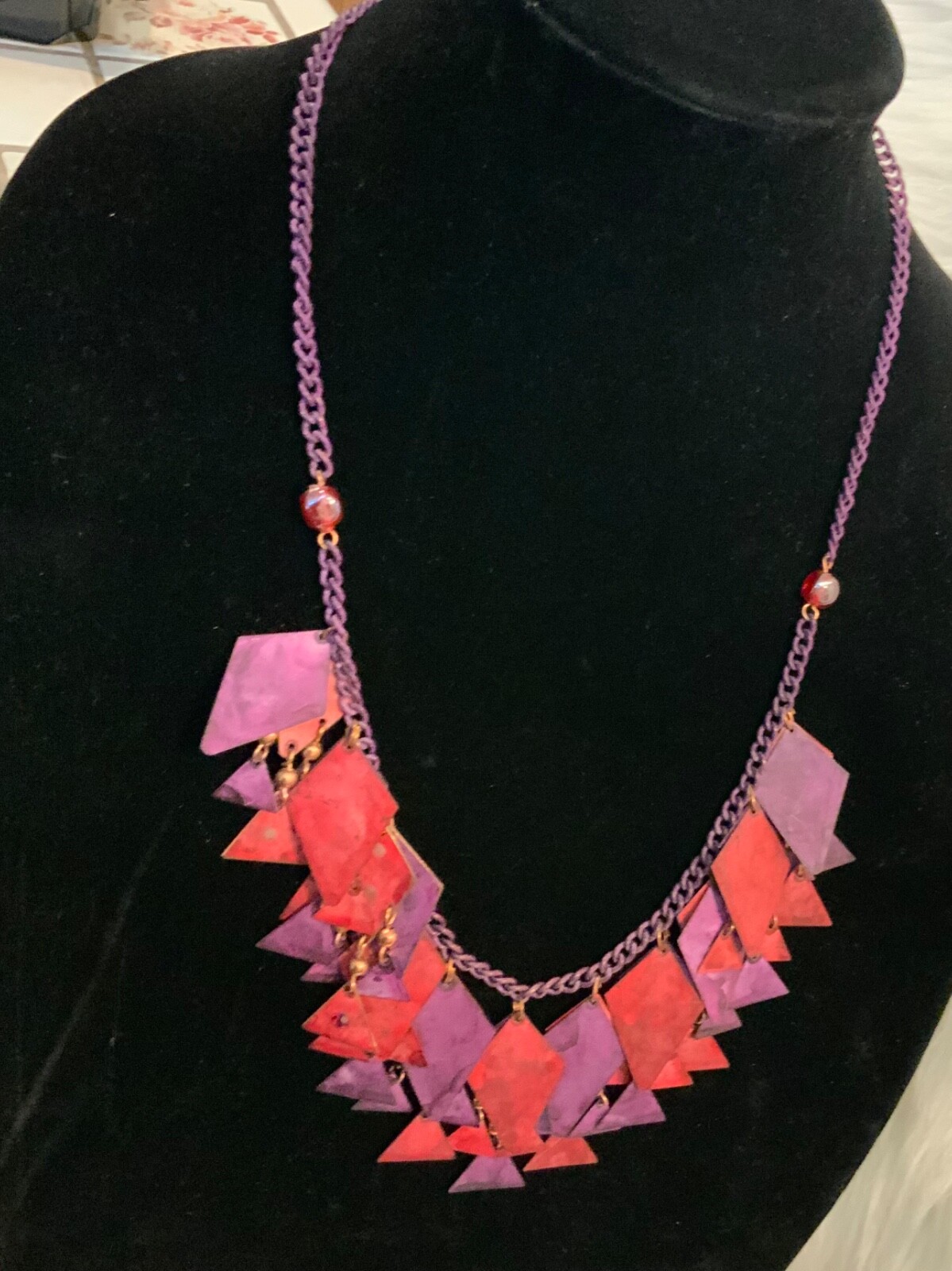Geometric Necklace painted aluminum pink purple chain 24 inch long