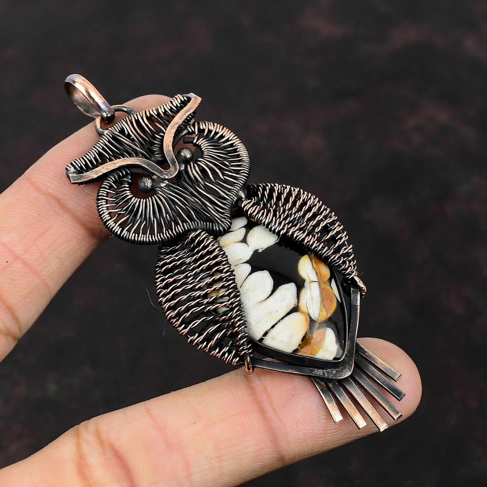 Gift For Her Peanut Wood Jasper Wire Wrapped Owl Pendant Copper Jewelry 3.39″