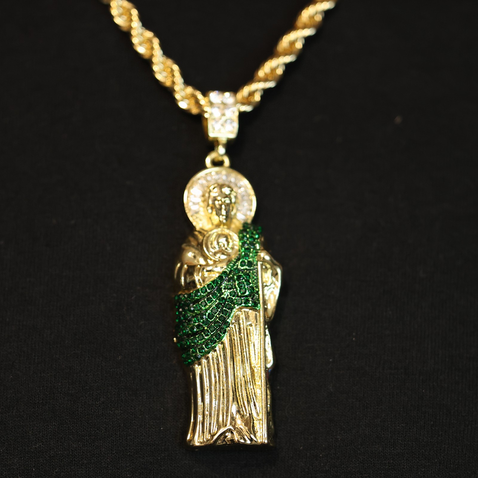 14K Gold Plated San Judas Pendant Necklace with Iced Out CZ, Rope Chain Large GR