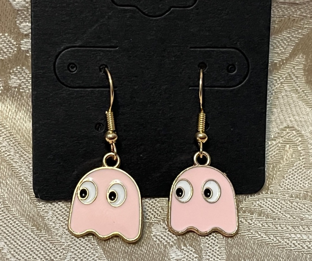 PAC Man PINKY PINK Ghost Gold Loop Enamel Drop Dangle Adorable Earring Set