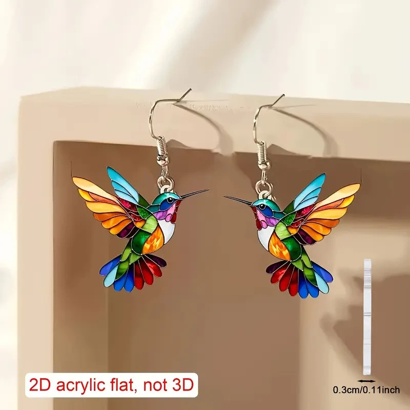 1 Pair, Charming and Cute Colorful Hummingbird Acrylic Earrings