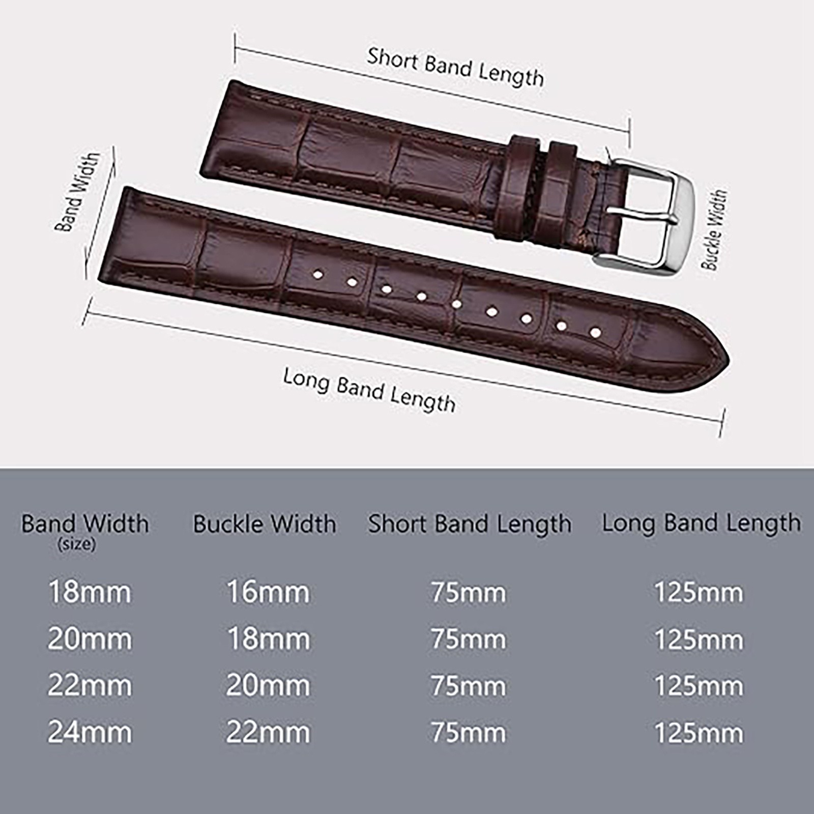Genuine Leather Replace Stainless Steel Buckle Spare Watch Strap Width18-24mm