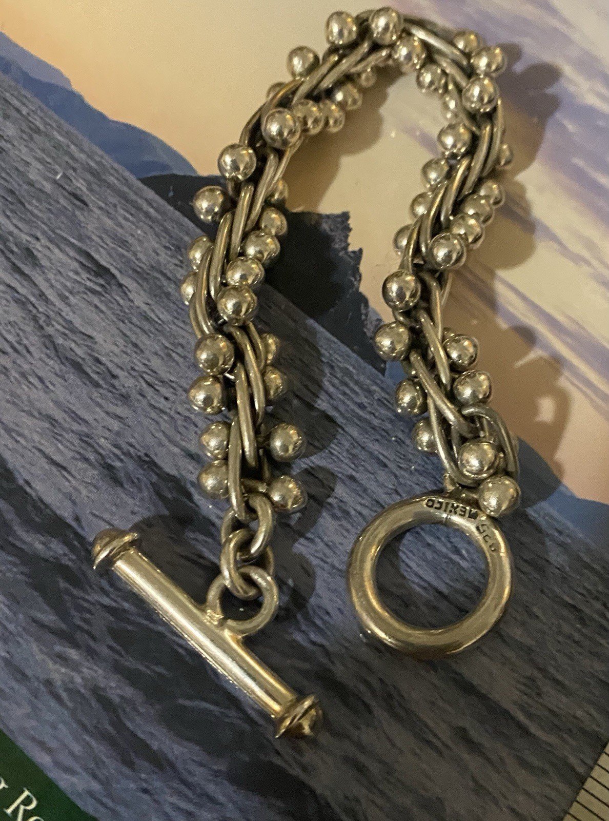 Mexico 925 Sterling Silver DNA Toggle Link Bracelet 57 G. Heavy