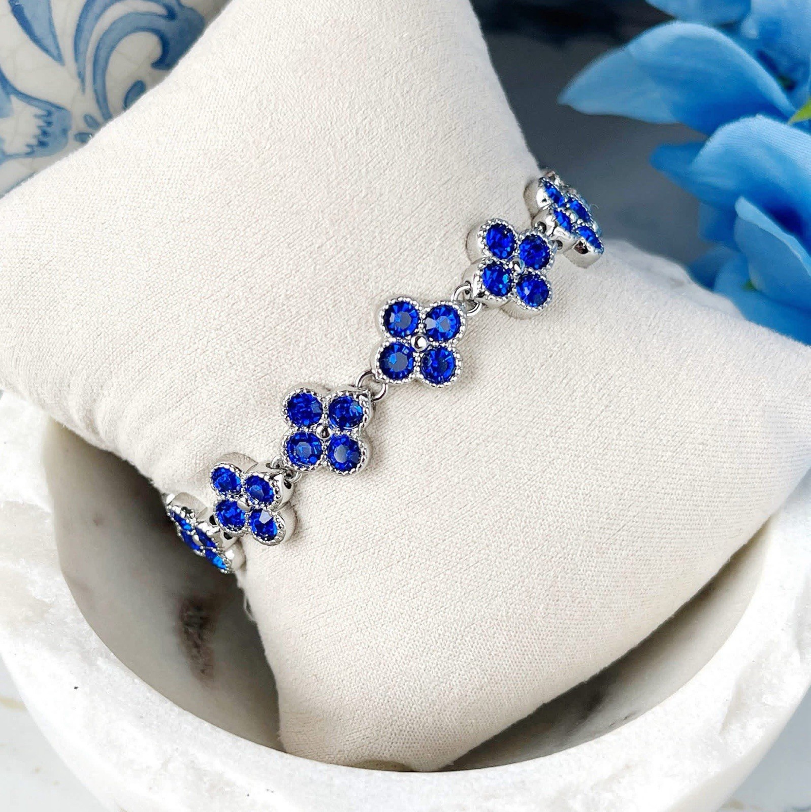 Park Lane BLEU Bright Blue CZ Quatrefoils 10mm Silver Tennis Bracelet