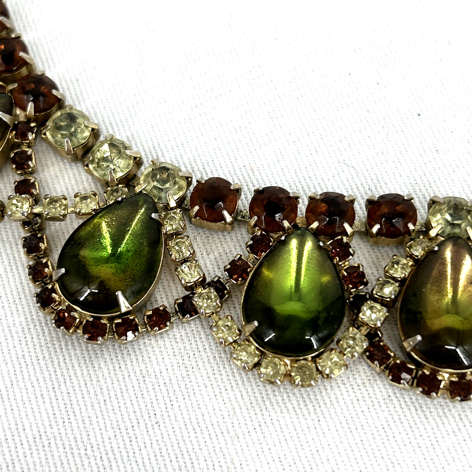 Statement Necklace Rhinestone Jelly Belly Glass Stones Green Brown Clear Unsigne