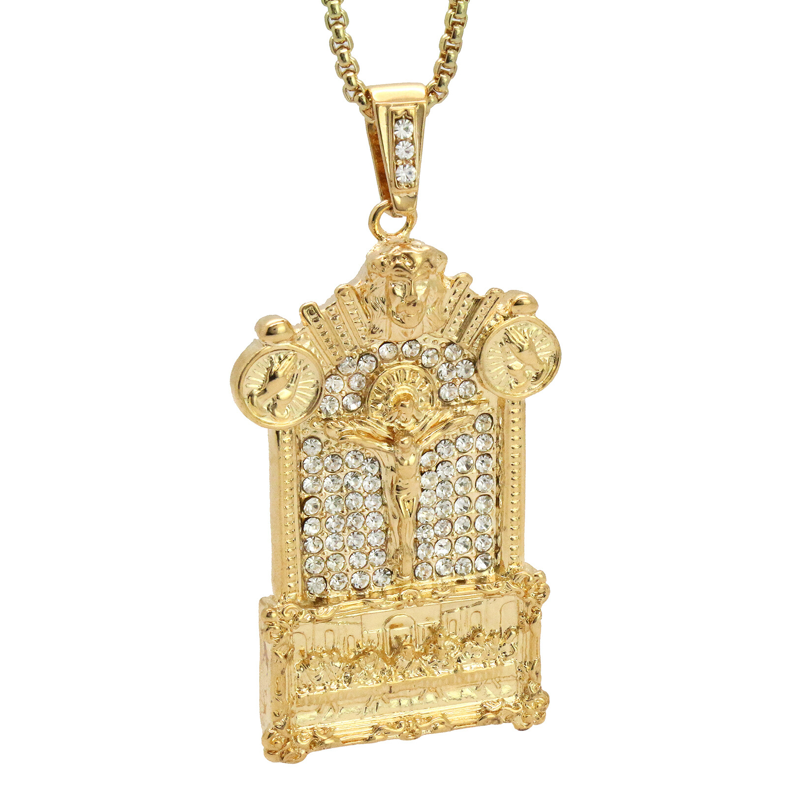 14k Gold Plated Last Supper Jesus Temple Pendant Cubic-Zirconia 24″ Box Chainn