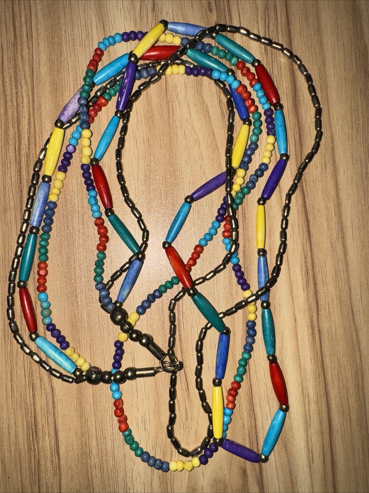 Pretty Vintage Flapper Necklace Belt, 40” Plastic Metal Color Block, 1970 Hook
