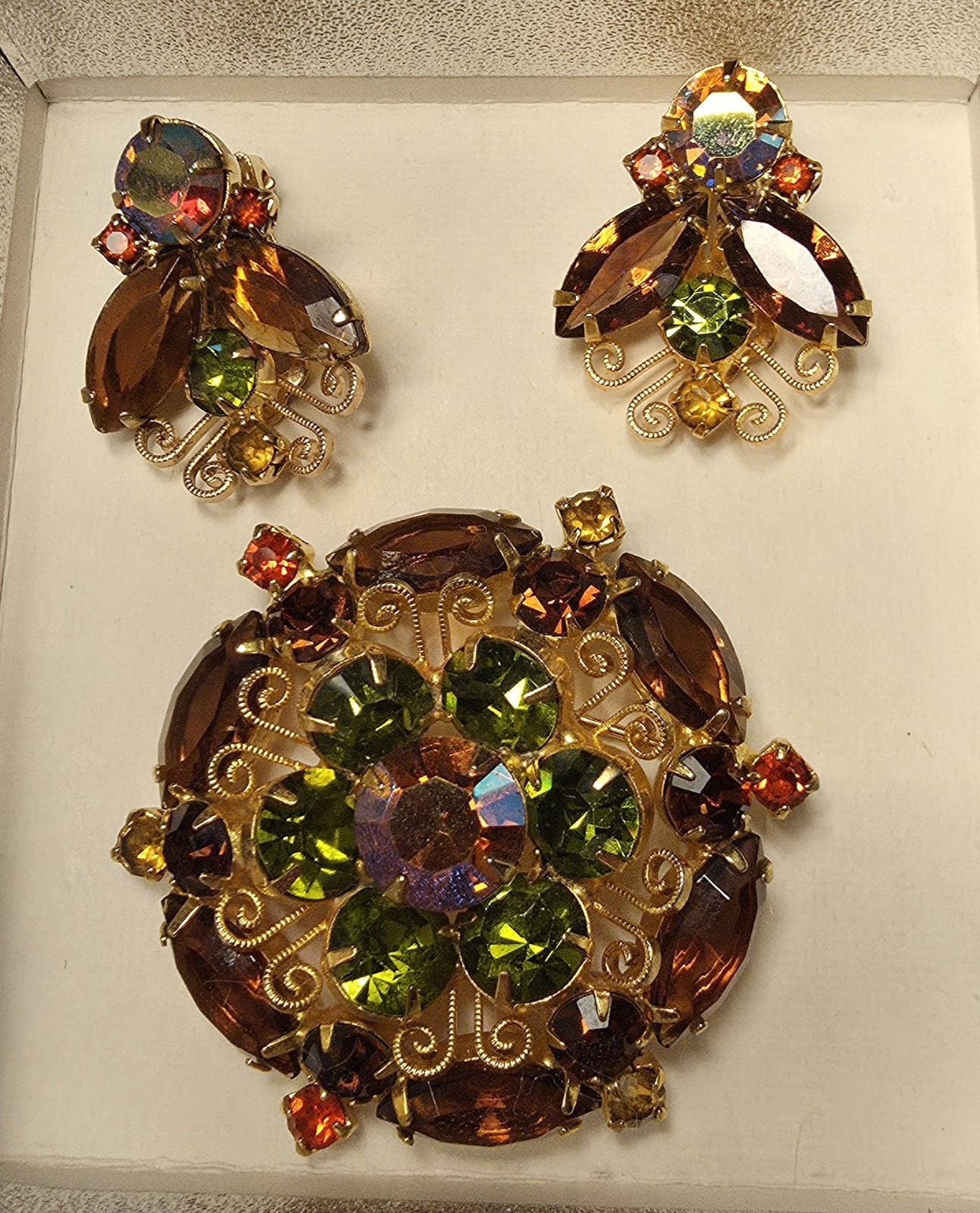 Juliana Brooch & Clip-On Earrings Set Green Amber Marquise Rhinestone