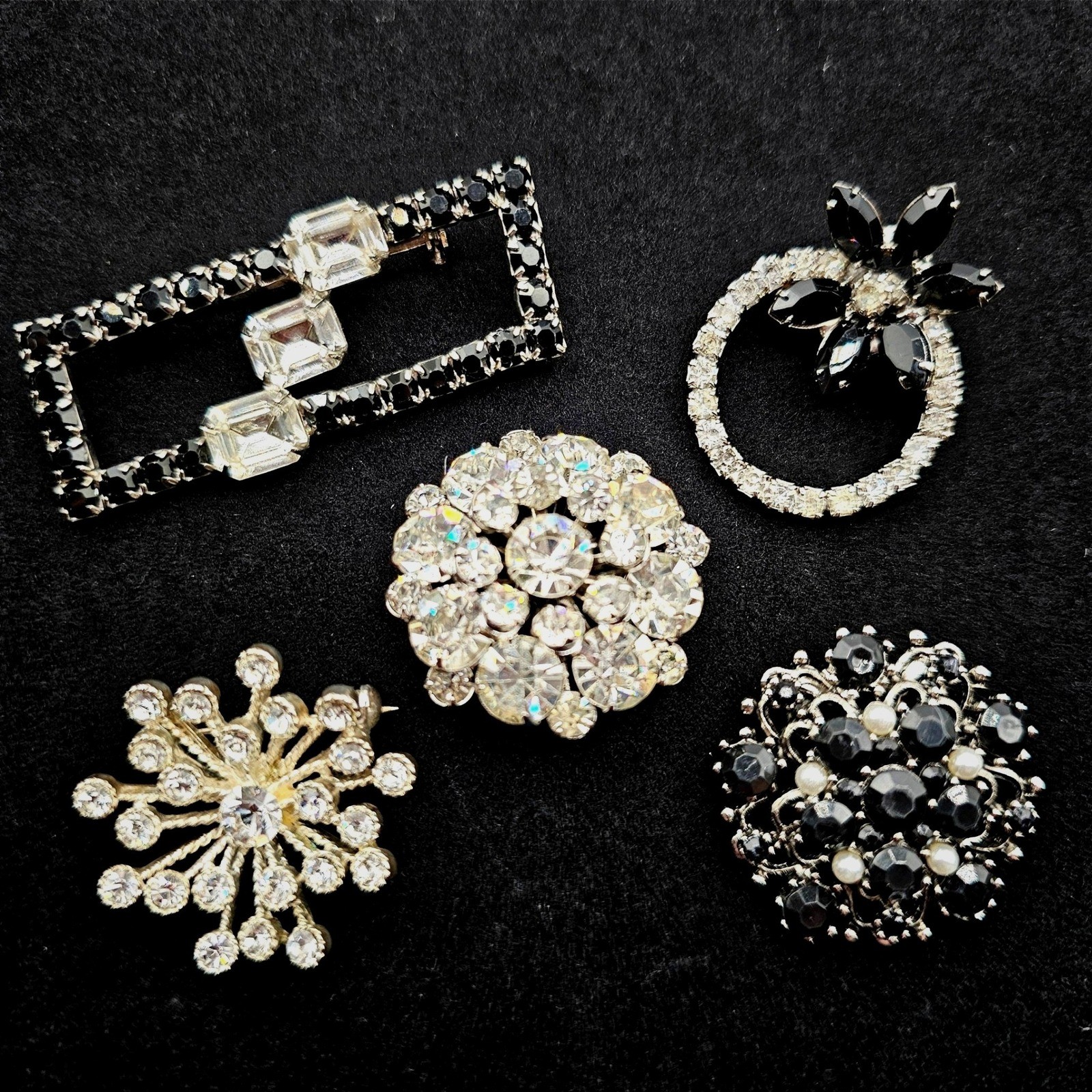 Clear & Black Rhinestone Brooch Lot 5pc Silver Tone Mixed Styles Formal Pins