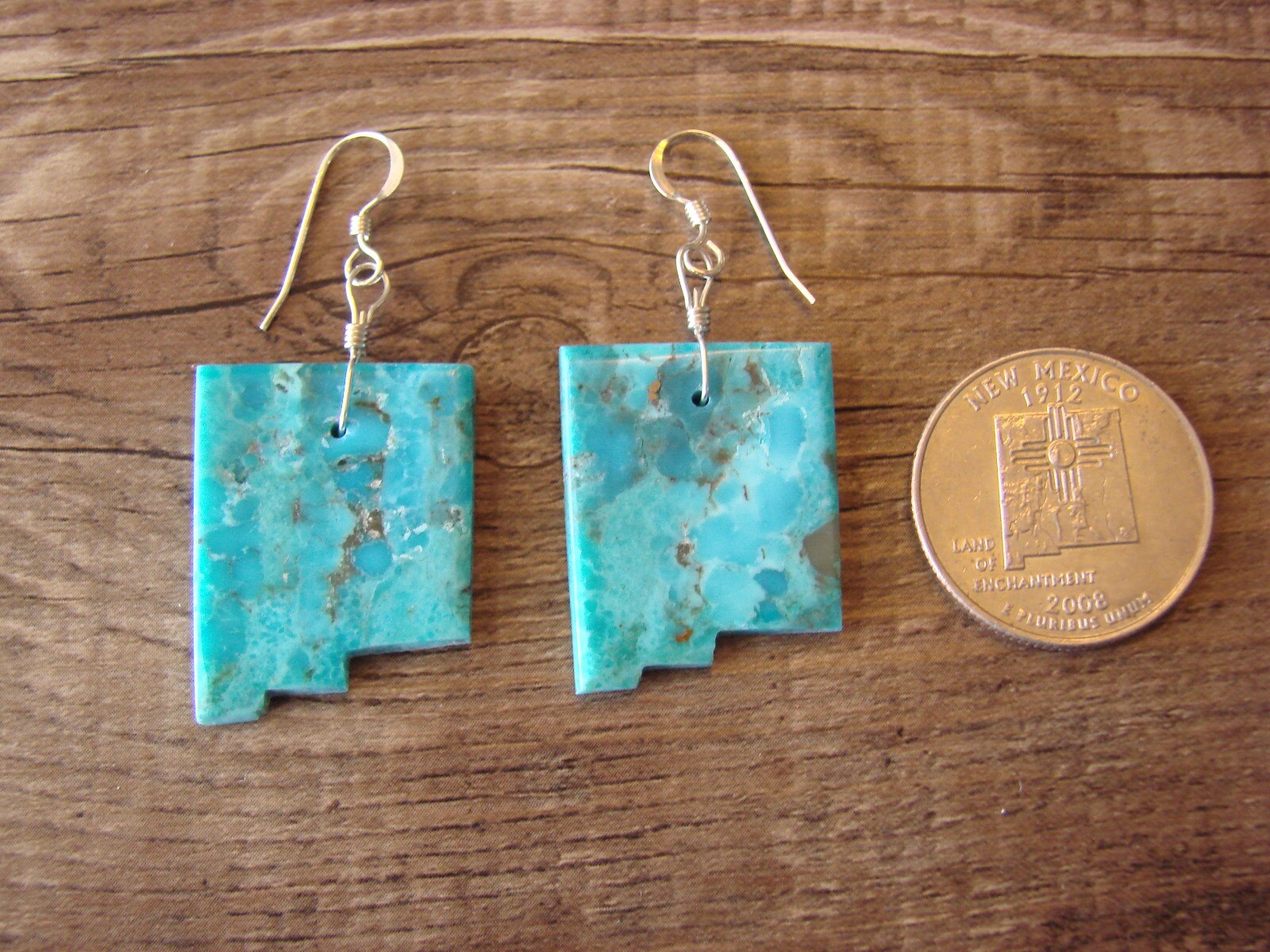 Navajo Indian New Mexico State Turquoise Slab Dangle Earrings by Lovato