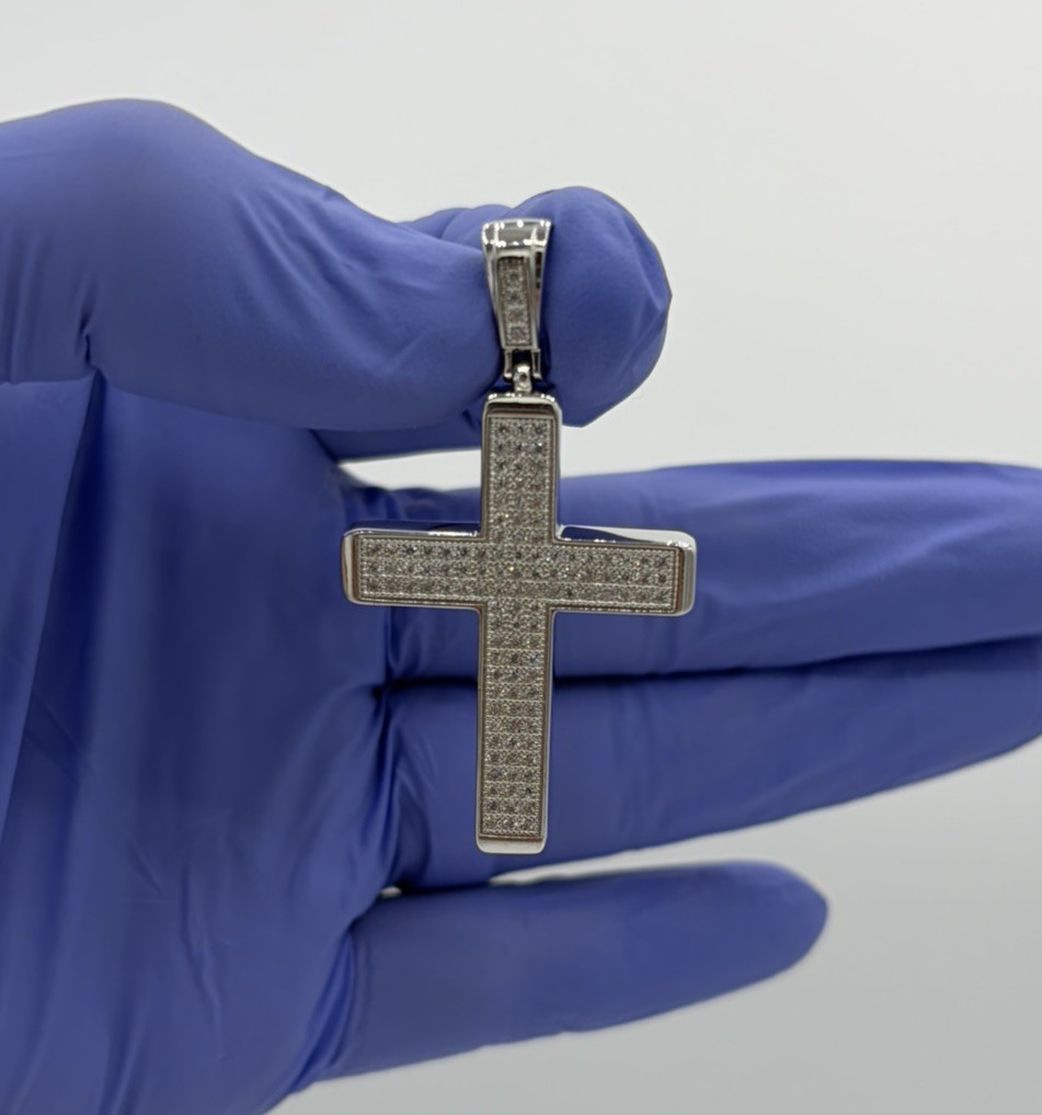 925 Sterling Silver Religious Cross Pendant Round CZ 1.95″ 9.42g