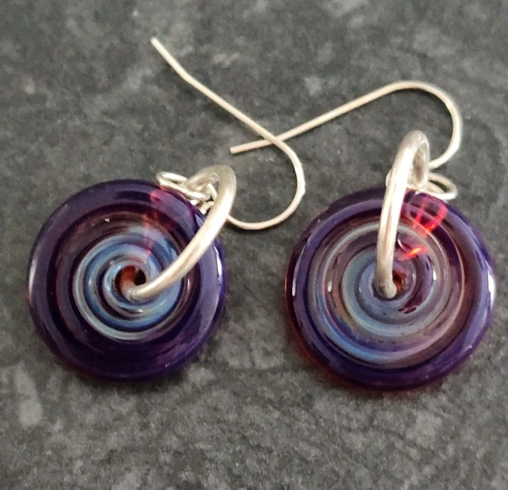 Two Pairs Sterling Silver 925 Boho Art Glass Disc Earrings – Blue And Purple