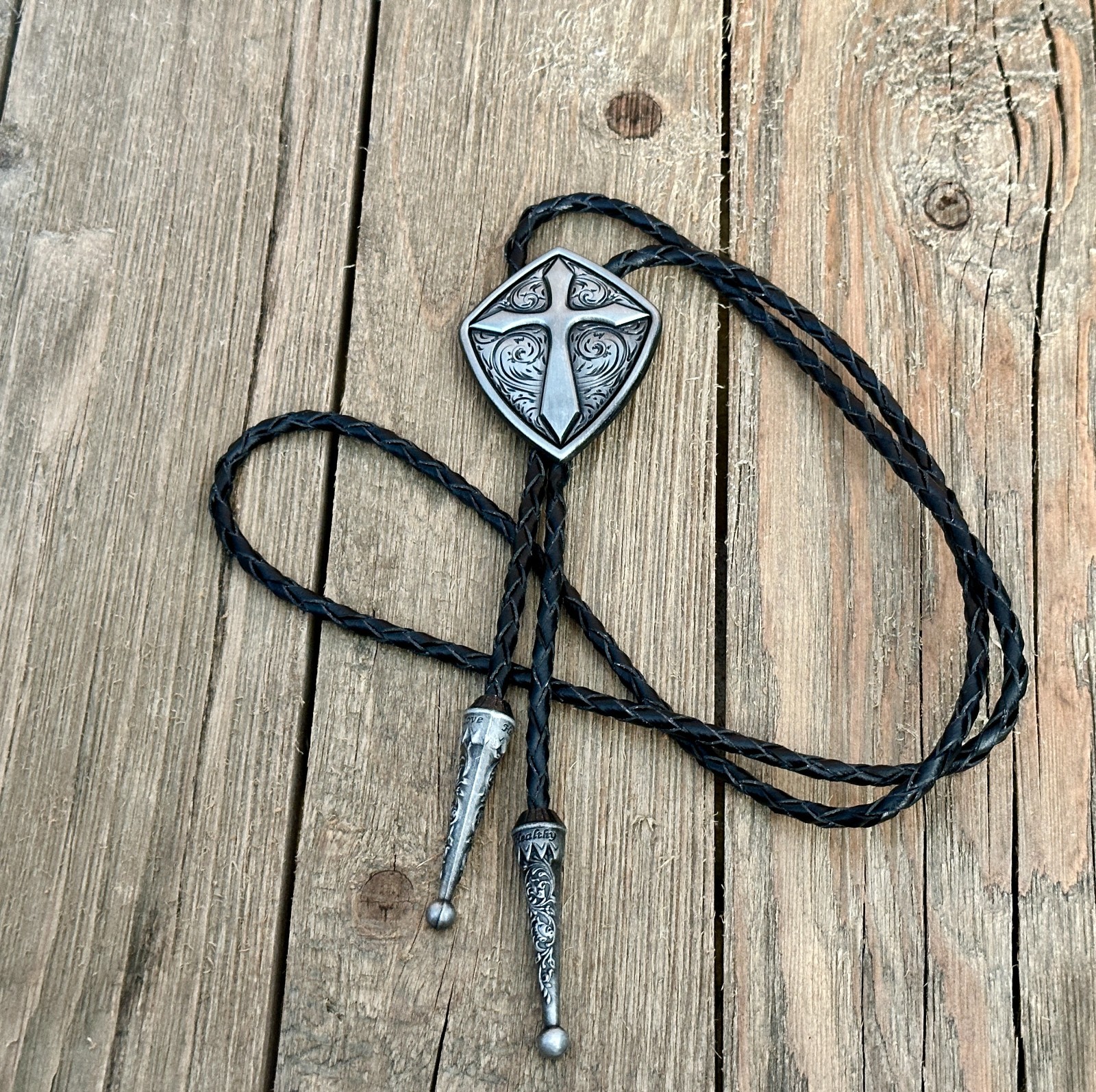 Western Bolo Tie Cross Christian Cowboy Necktie Black Leather Cord for Men