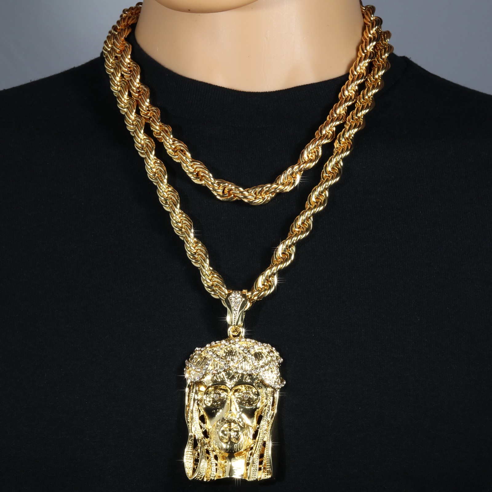 14K Rope Chain 10mm 20″ & 24″In | Large Crowned Jesus Piece Gold Plated Hip Hop