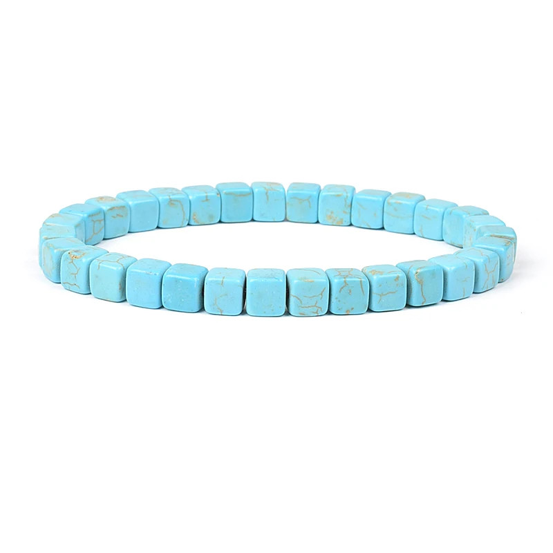 Natural Blue Turquoise Cube & Cylindrical Beads Bracelet Elastic Cord Unisex