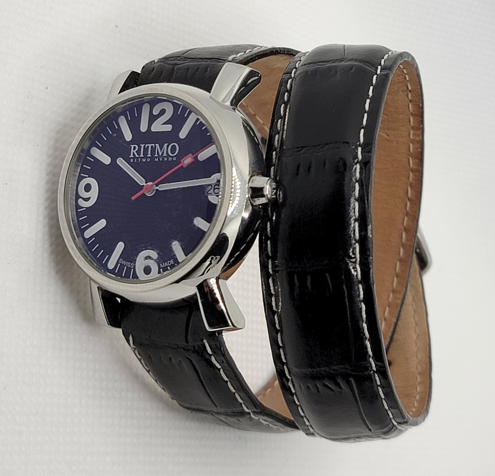 Ritmo Mvndo Silver Tone Vera Pelle Black Leather Wrap Around Strap Watch G5