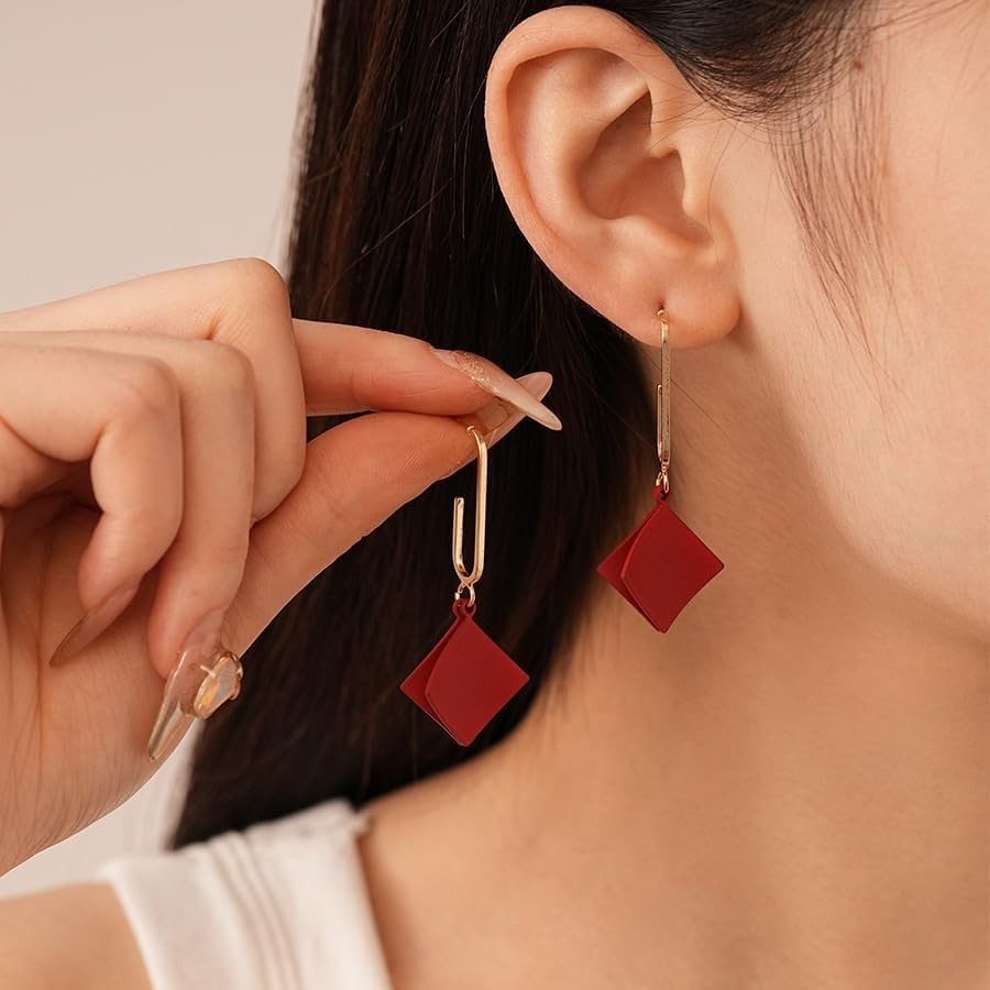 Minimalist Red Rhombic Drop Earrings – Lightweight & Stylish for Every Occasion