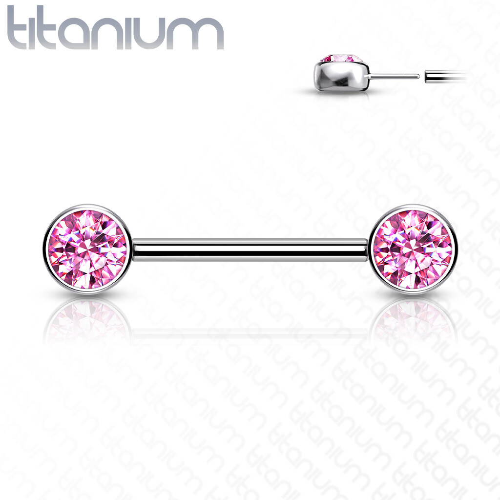 Pair of Implant Grade Titanium Threadless Push In Nipple Barbell W/ Flat CZ Tops