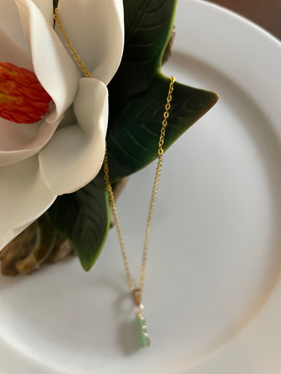 Green Aventurine Stone Pendant Necklace Gold Chain Wire Wrap Simple Natural
