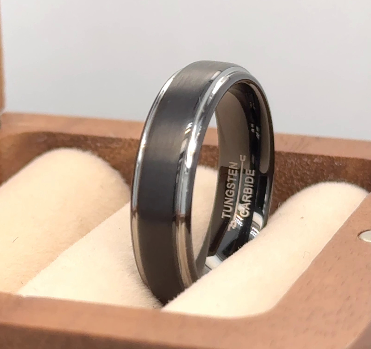 Black Tungsten Stylish Ring Silver Beveled Edges Band Stackable Comfort Fit Ring