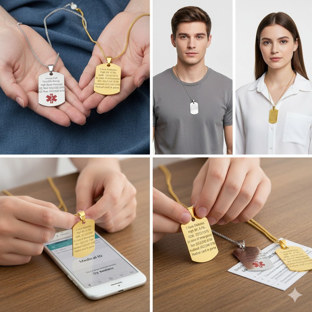 Stainless Steel Medical Alert ID Pendant Necklace Dog Tag Personalized Engraving