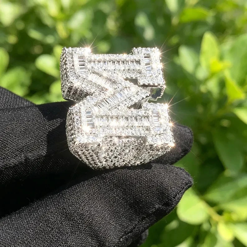 5TCW Baguette Lab Created Diamond Men’s Custom Alphabet Ring 925 Sterling Silver
