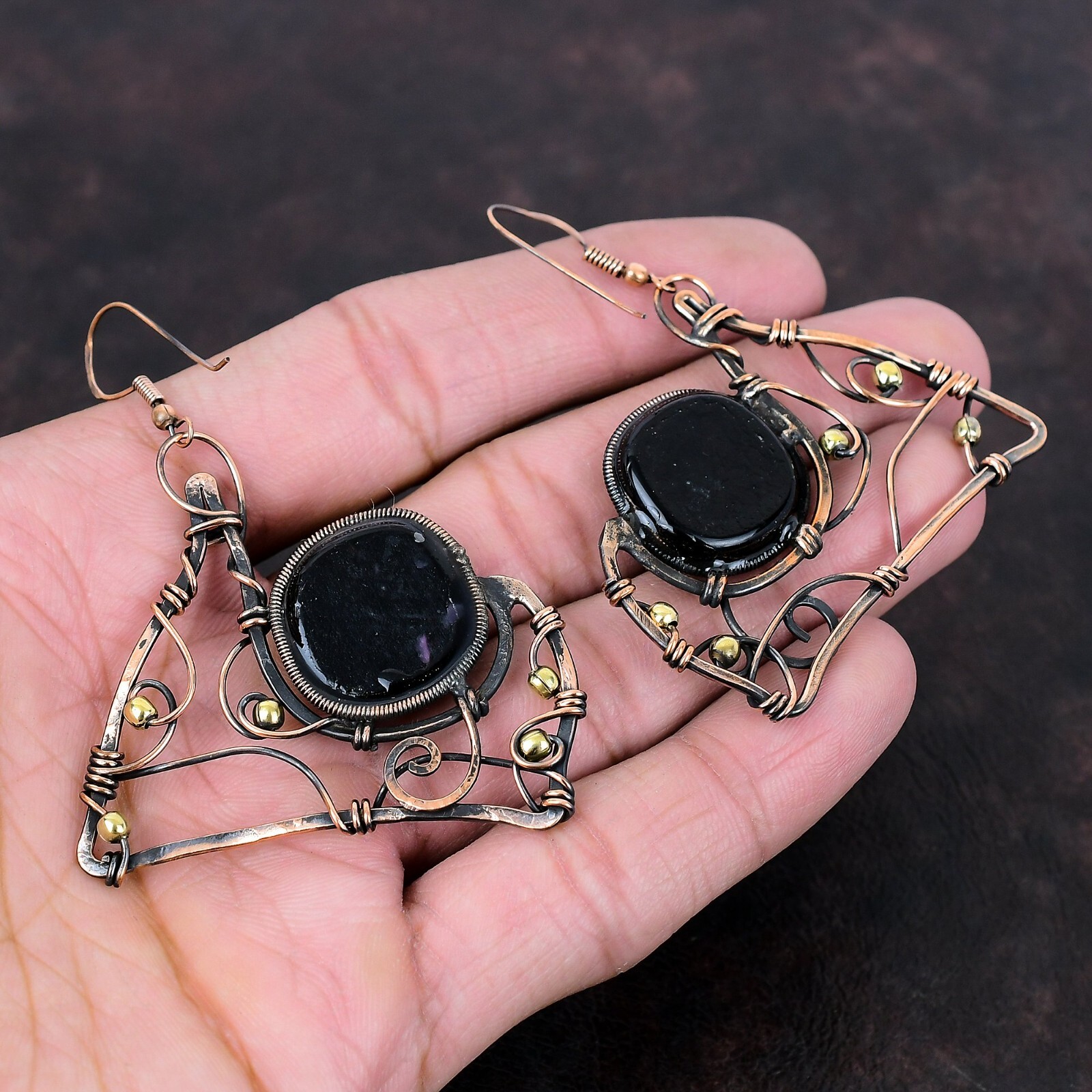 Gift For Her American Dichroic Glass Wire Wrapped Earrings Copper 2.56″
