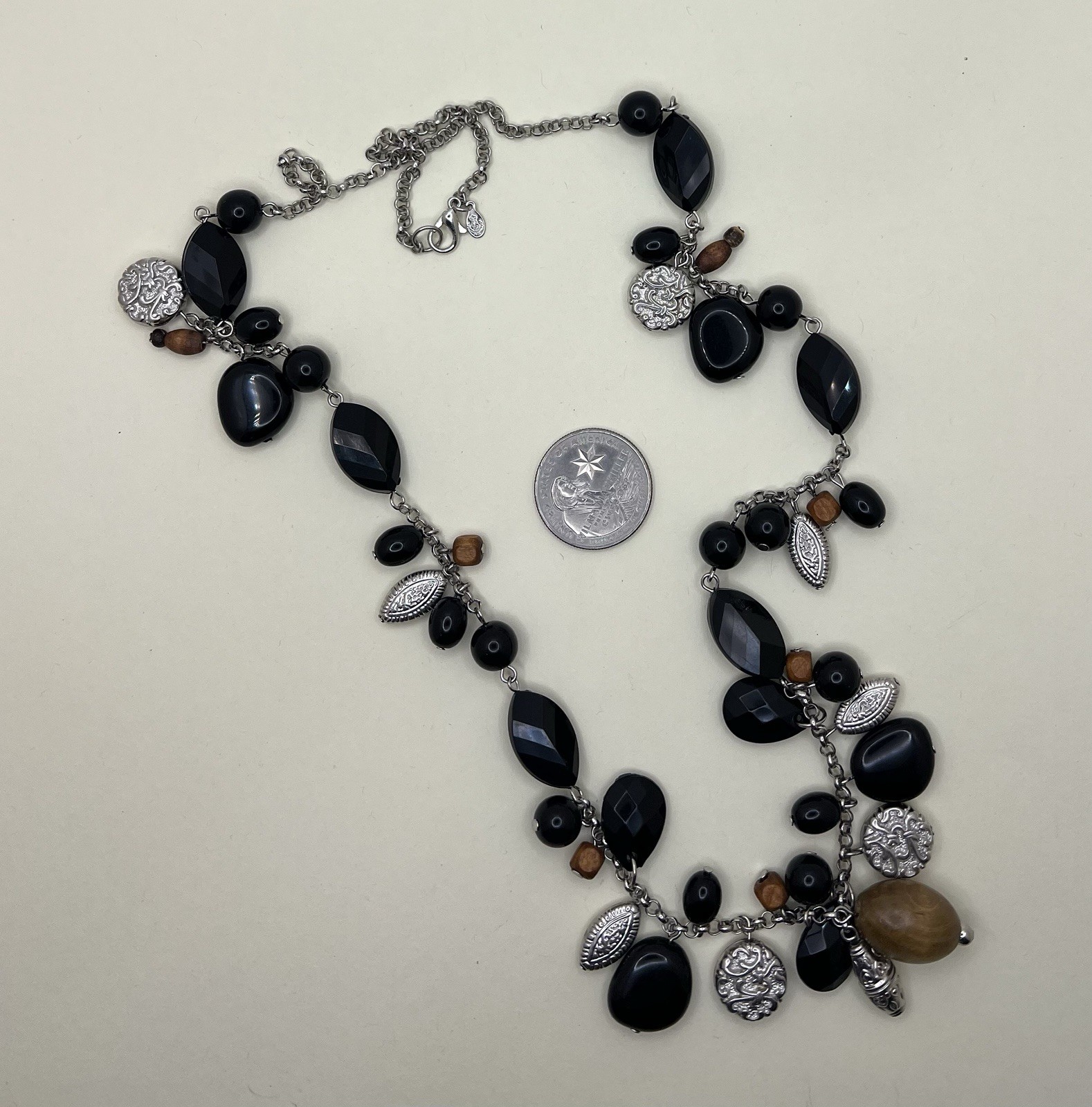 Vintage Premier Designs Necklace 28” Silver Tone Mixed Elements – Wood-Resin