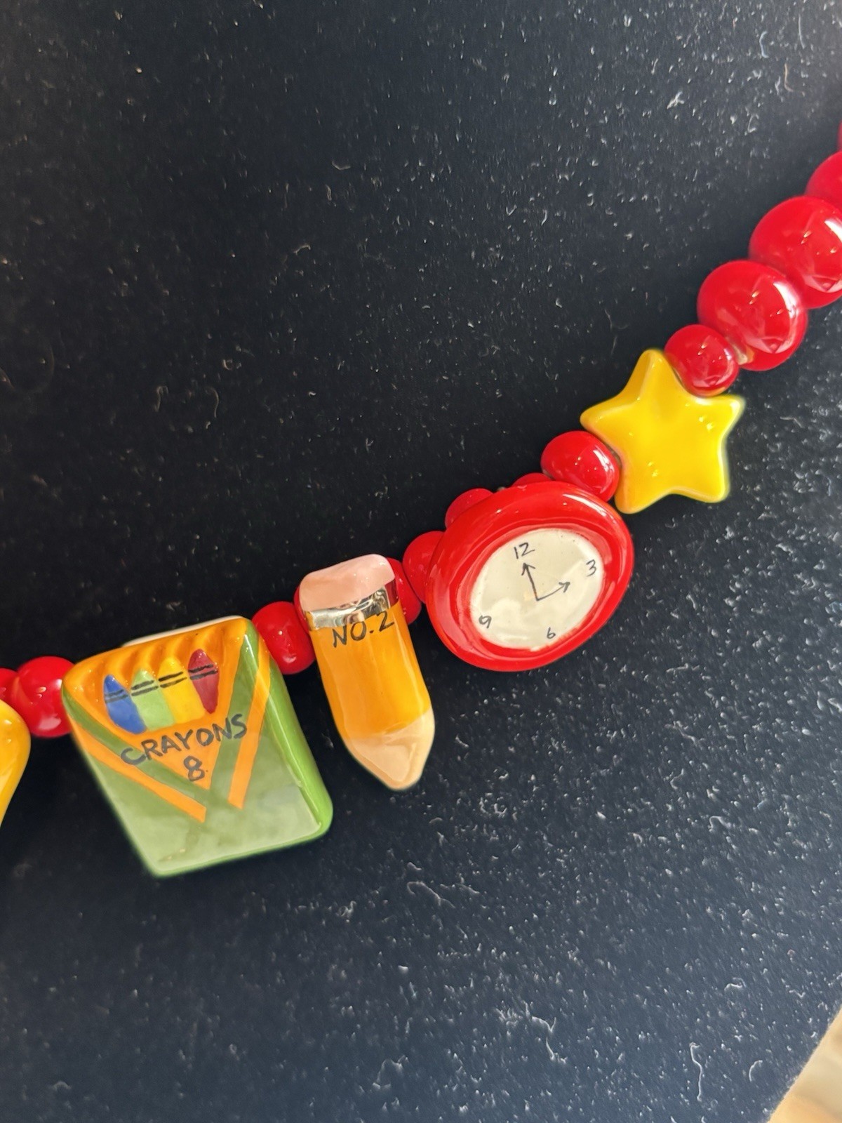 Vintage Flying Colors Ceramic School Bus Teacher Necklace Dick Jane 1980s