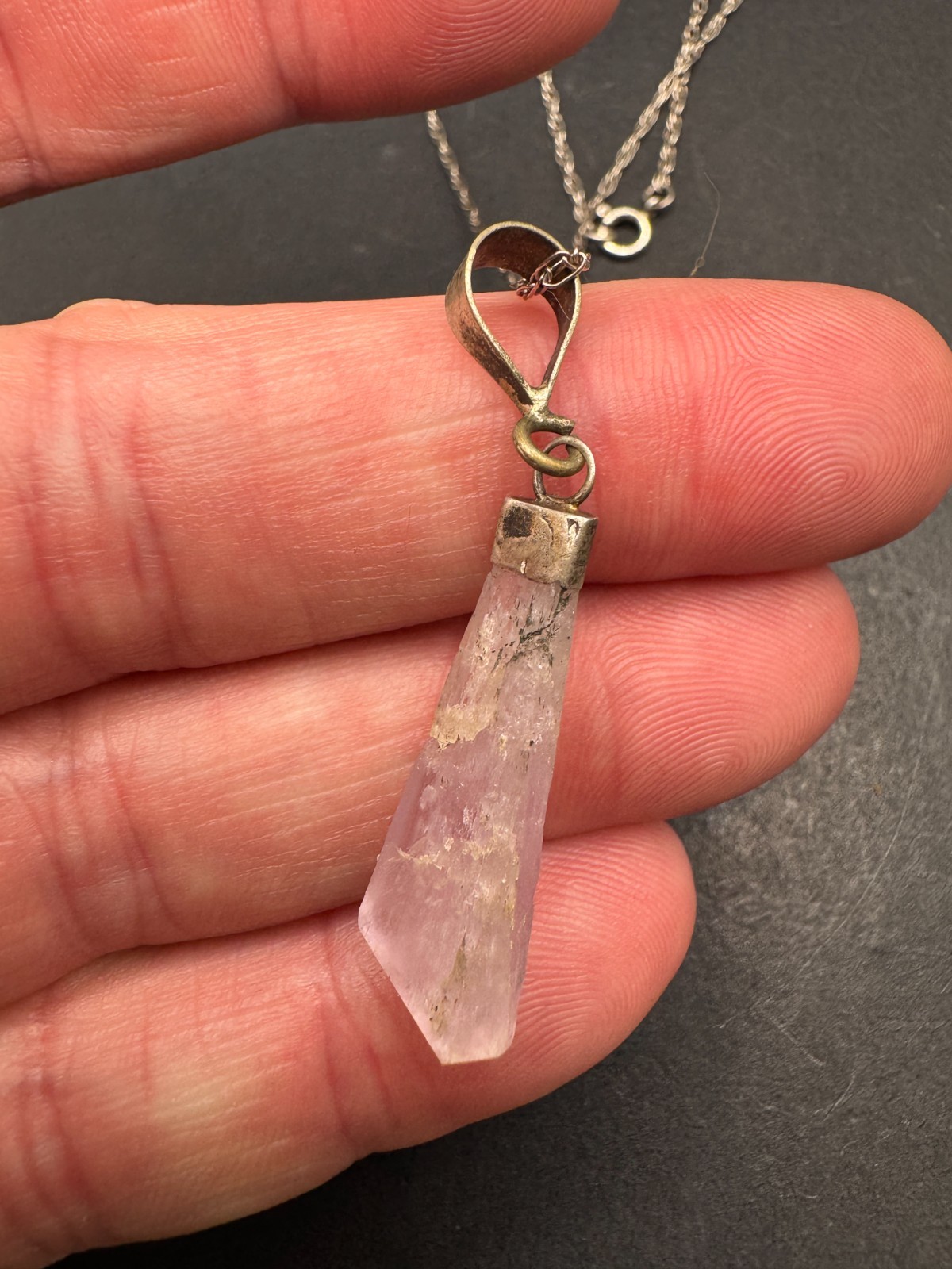 Vtg 925 Sterling Silver Kunzite Crystal Gemstone Pendant Necklace 32.1mm