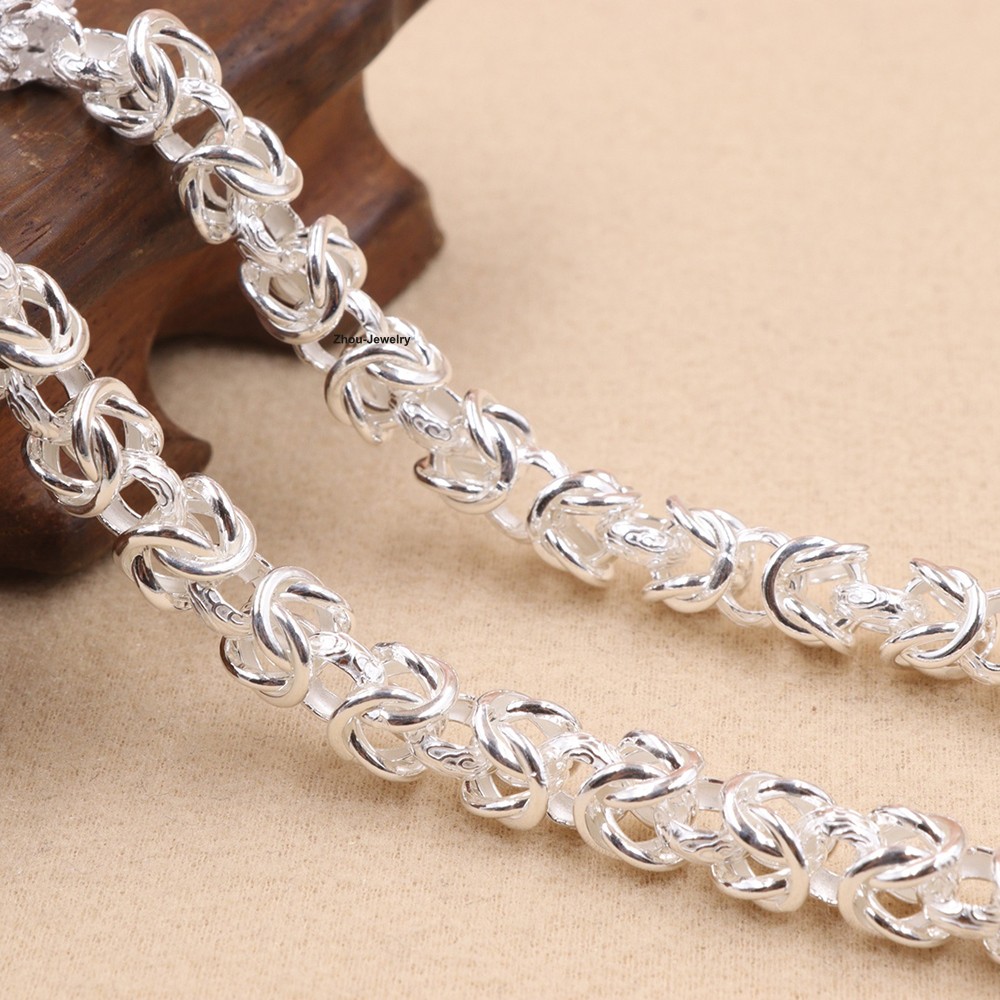Real S999 Fine Silver Necklace 6.5mm Byzantine Link Chain with Dragon Head