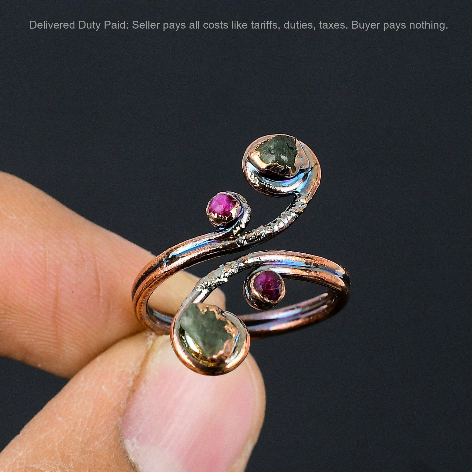 Multi Tourmaline Rough Stone Copper Electroformed Mother Stackable Ring Jewelry