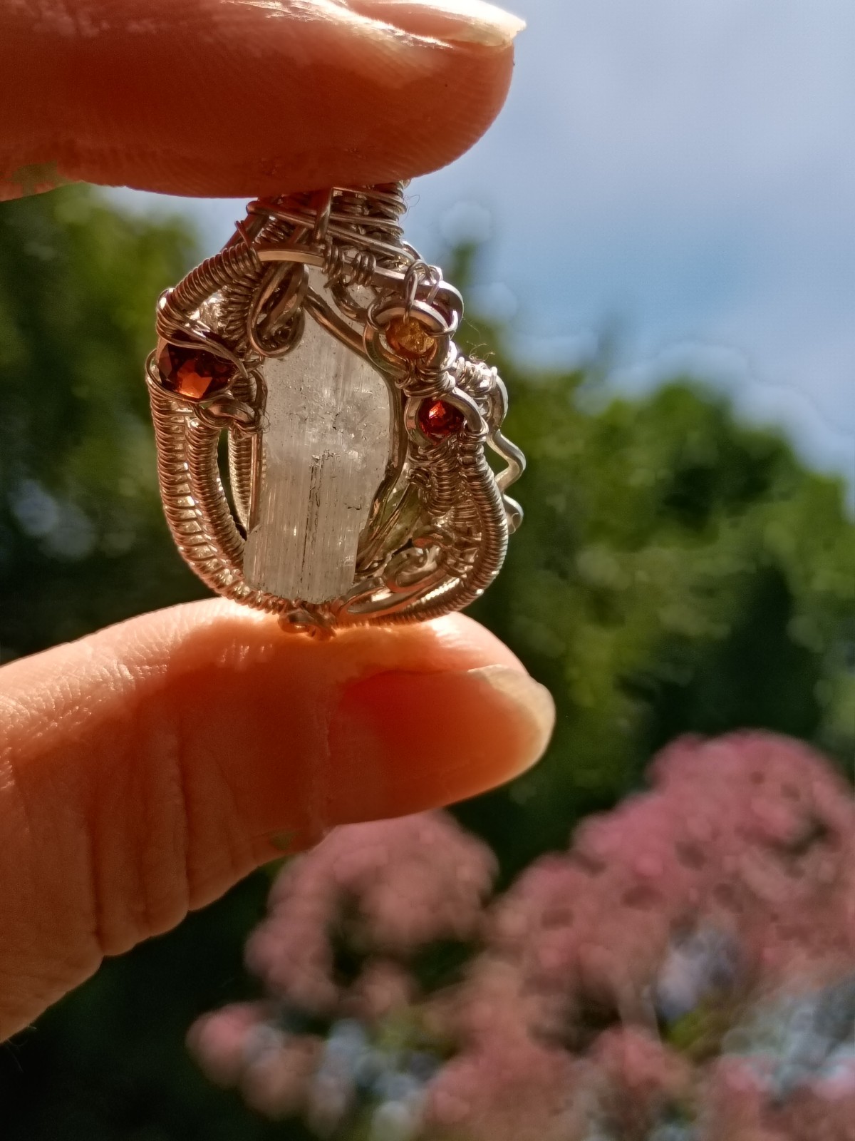 Handcrafted Wire Wrapped Aquamarine Crystal Sterling Silver Amulet Pendant