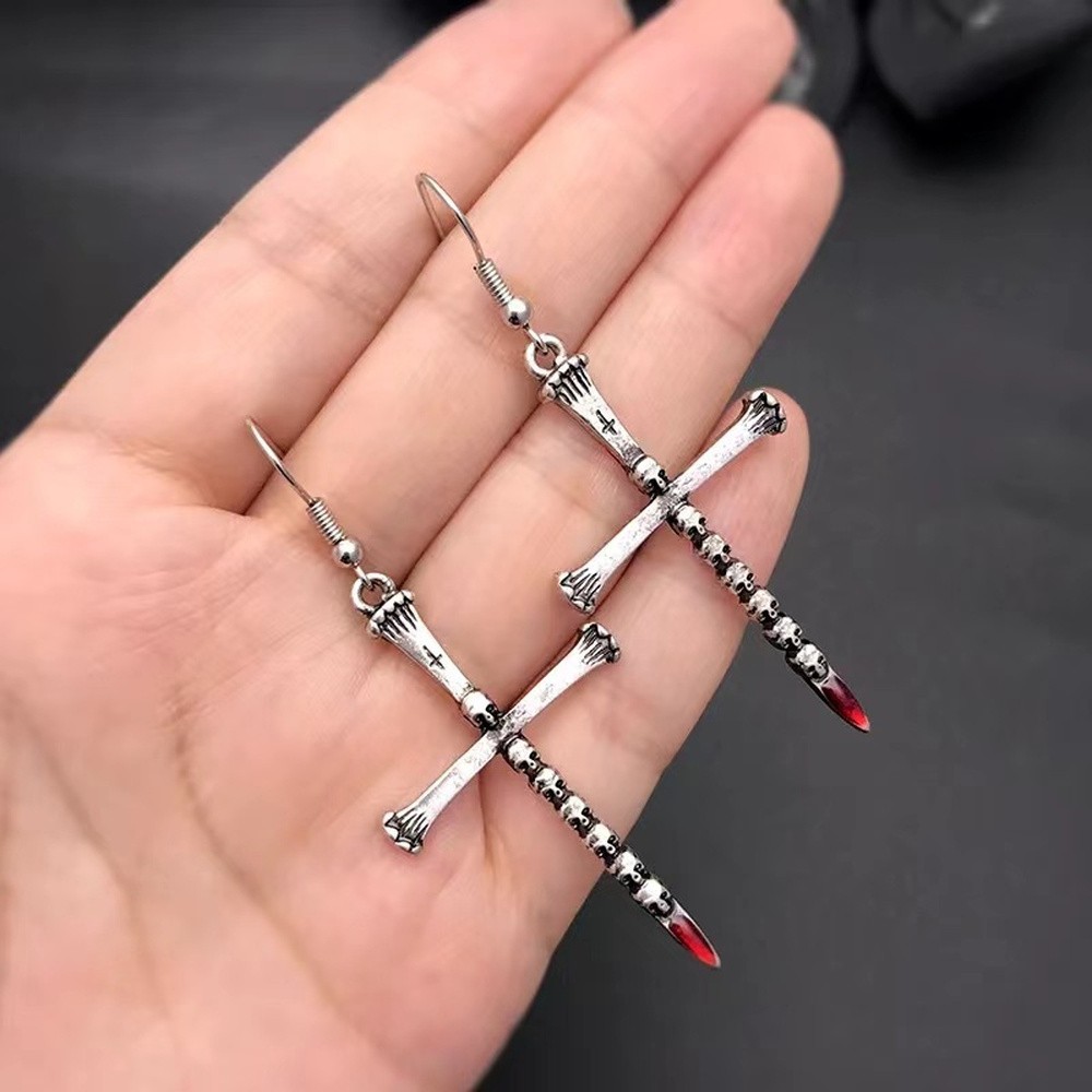 Dangle Drop Earrings Cross 2.76 in Antique Silver Religious Halloween E120