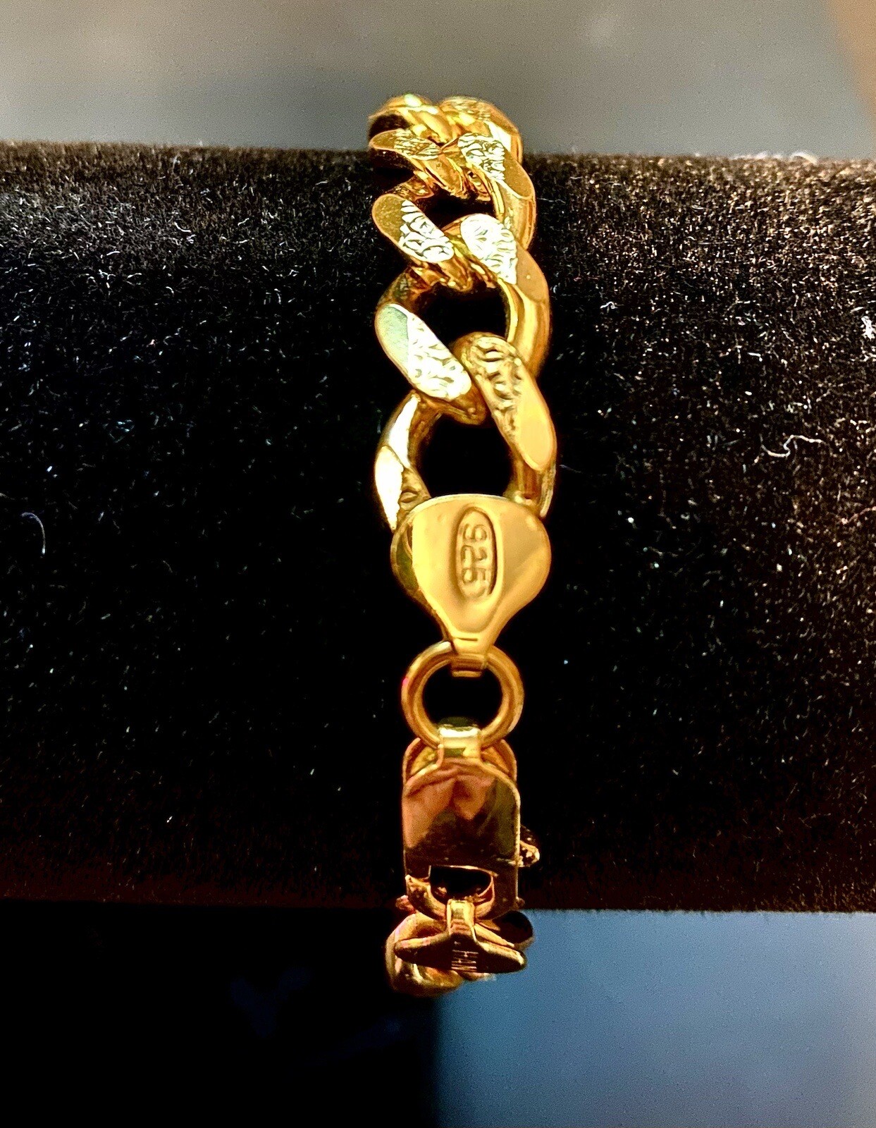 18k Gold Over Sterling, Cuban Bracelet, Micro Pave Design, 29.77G-8.5In-925