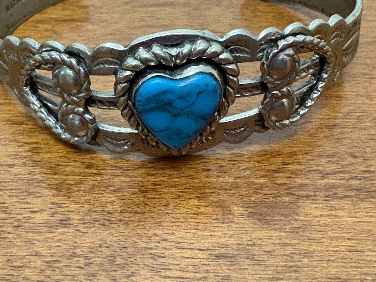 Vintage MidCentury Bell Trading Post Sweetheart Cuff nickle silver turquoise