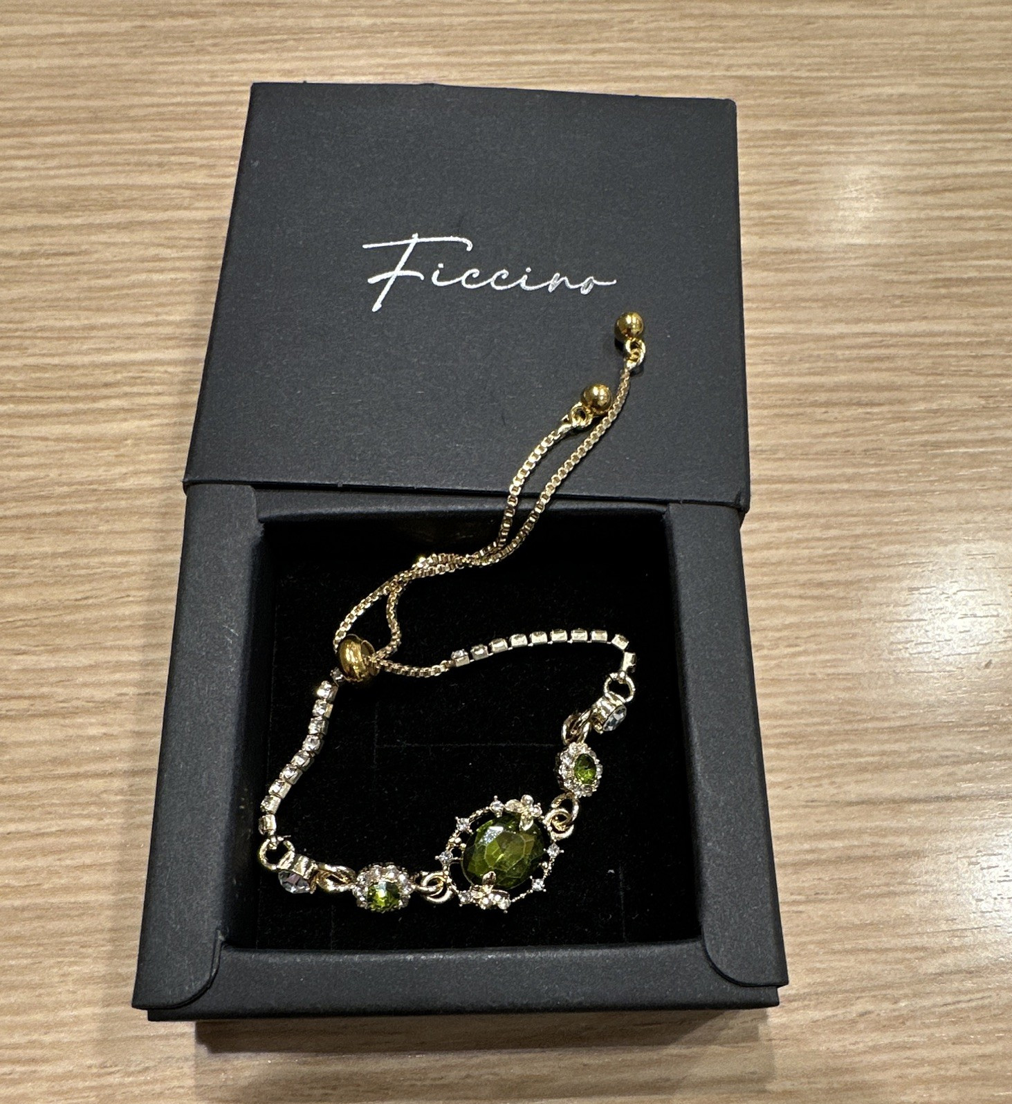 Fuccino Silver Tennis Chain Bracelet Green Oval Stone Rhinestones