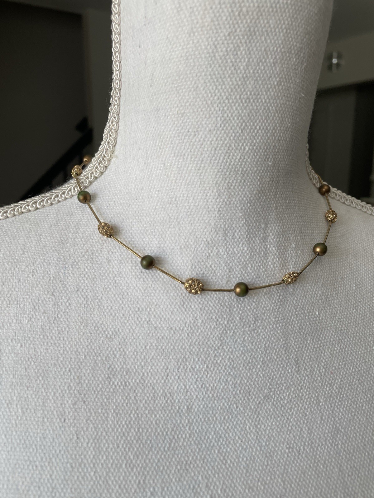 Monet Signed Gold Tone Station Beaded Necklace, Lobster, Extender