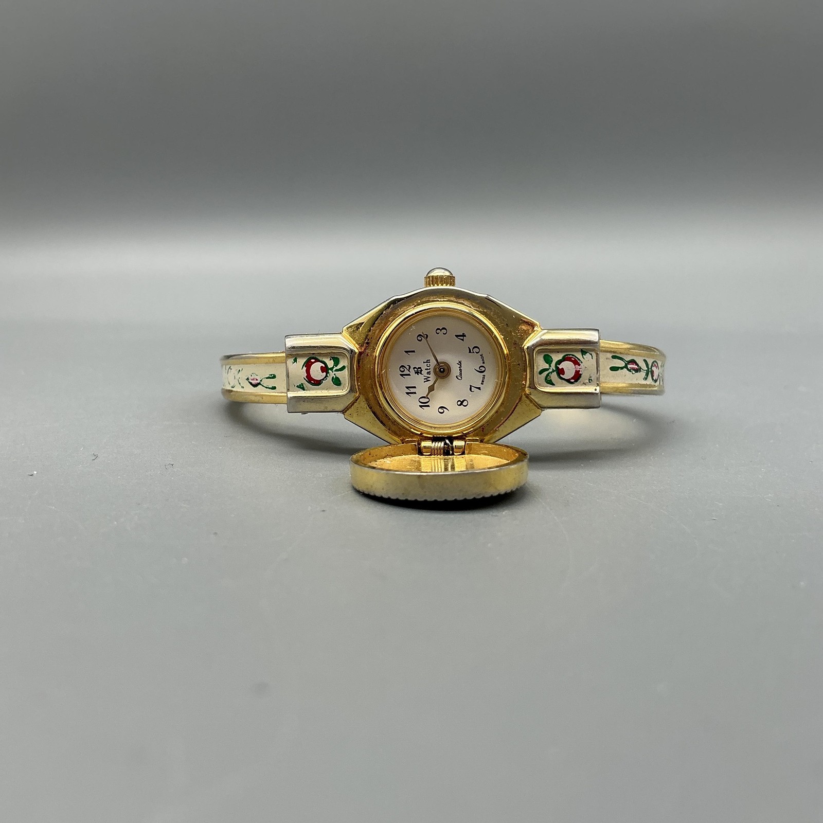 Vintage Swiss Womens Watch 14mm Gold Tone Enamel Floral Bangle New Battery